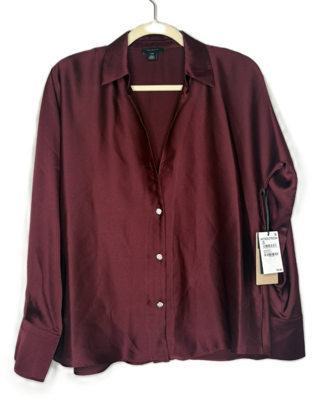 Halogen Satin Jeweled Button Blouse – Burgundy – Petite Medium – Holiday Top